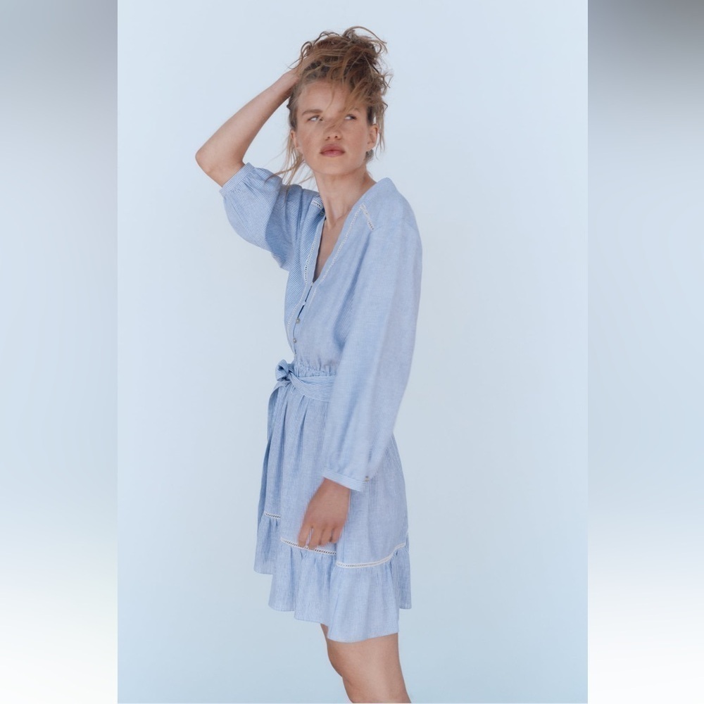 New ZARA Linen Bland Striped Inserts V-neck Long Sleeve Mini Dress - Picture 4 of 8